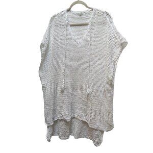 aerie white cotton fish net semi sheer poncho cover up sweater tassels XS